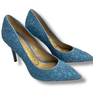 Sam Edelman Hazel Heels Size 5.5 Royal Sky Blue Lace Pointy Toe Stiletto Pumps
